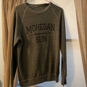 grey mohegan sun sweater, navy blue writing